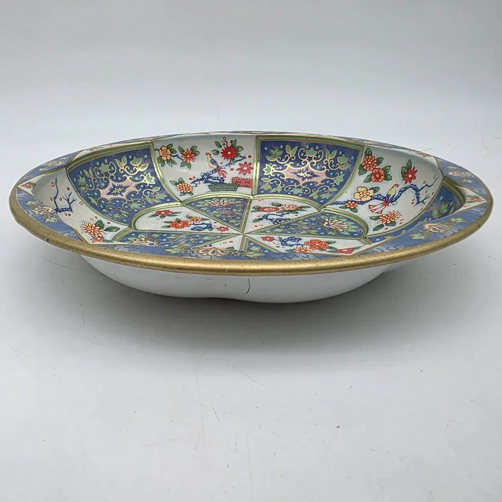 Vintage Daher Metal Tin Bowl With Gold Trim & Multicolor Floral 10" - Picture 3 of 9